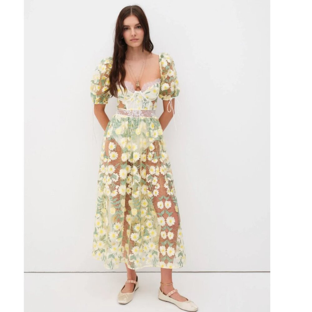 NWT For Love and Lemons Carson | Sheer Midi Daisy Flower Lace Dress Size Small